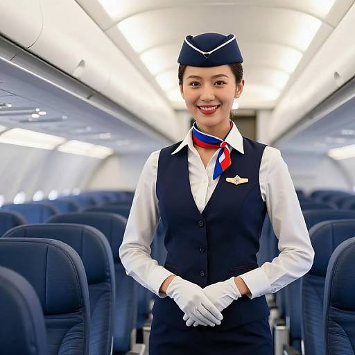 Photograph of smiling female flight attendant in navy vest, white shirt, red and blue necktie, white gloves, and navy hat, standing in airplane