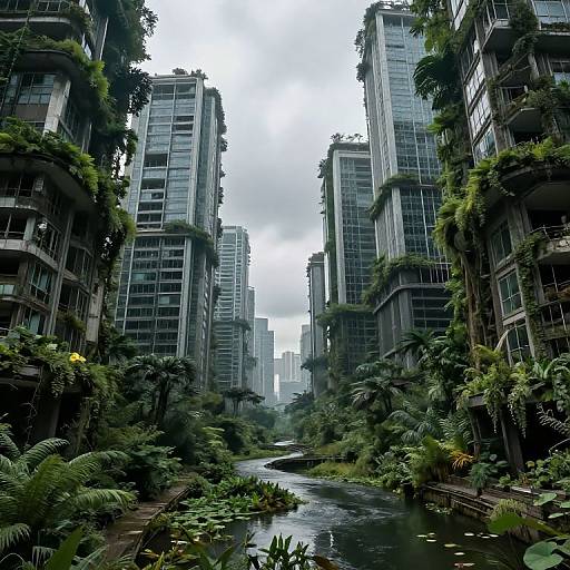 Photograph of a futuristic urban jungle, featuring tall, glass skyscrapers surrounded by lush greenery and a narrow, lily-pad-filled waterway