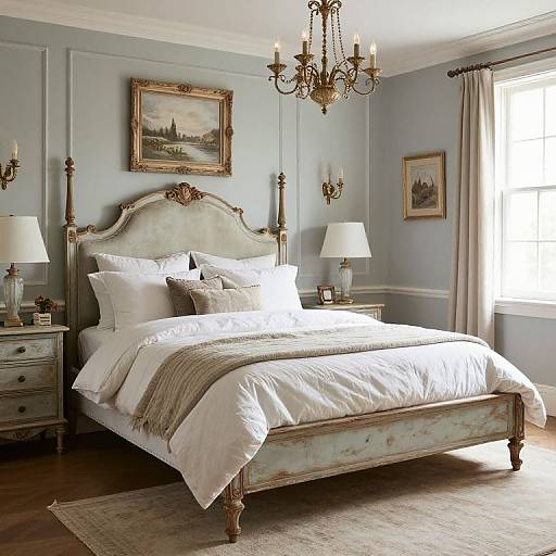 Elegant bedroom photograph: Antique white and gold bed with ornate headboard, white bedding, two lamps, chandelier, gray walls, paintings,