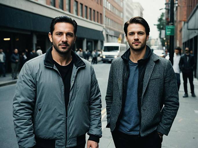 Photograph of two handsome men standing on a city street; one in a gray jacket, the other in a gray blazer, both with short dark