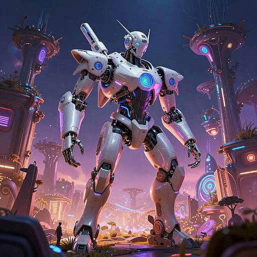 CGI image of a towering white and black robotic warrior with glowing blue and purple accents, standing in a futuristic, neon-lit cityscape with floating