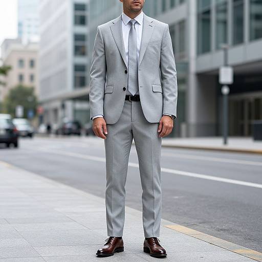Photograph of a man in a light gray suit, white shirt, black tie, and brown leather shoes, standing on a city street. Modern office