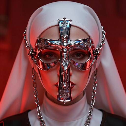 Photograph of a woman in a white nun's habit, wearing a metallic cross mask with red lighting, chains, and intense eyes.