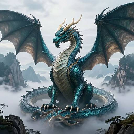 Digital artwork of a majestic blue dragon with large wings, golden horns, and scales, standing on a misty mountain peak.