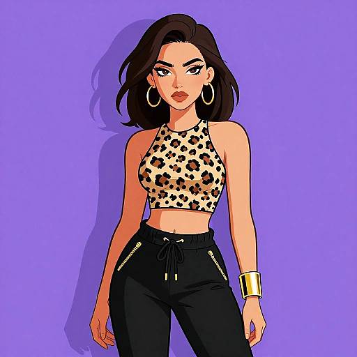 Stylish woman in leopard print halter top and jogger pants