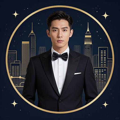 Photograph of an Asian man in a black tuxedo with a bow tie, set against a night city skyline inside a gold circle.