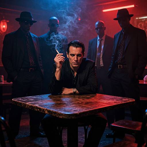 Photograph: Intense, smoky bar scene with a dark-haired man in a black suit smoking, surrounded by four shadowed men in hats and