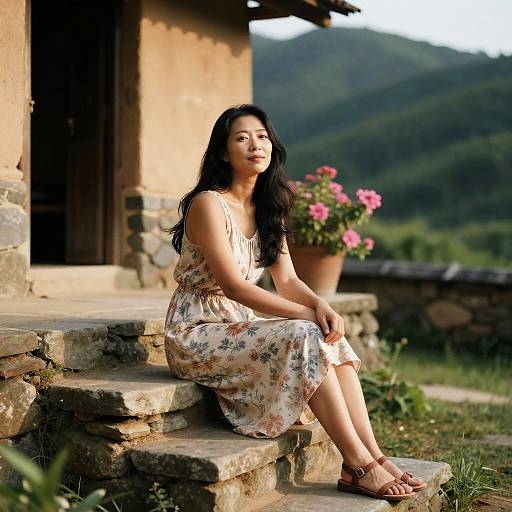 Asian Woman Sitting on Stone Steps Outdoors
