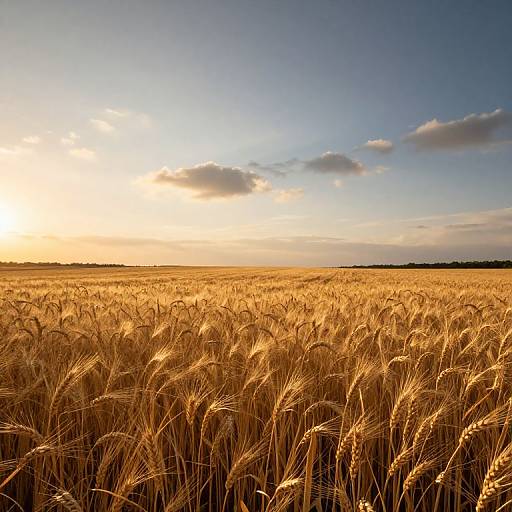 Photograph of a golden wheat field at sunset, with a clear blue sky and scattered clouds, and the sun low on the horizon.
