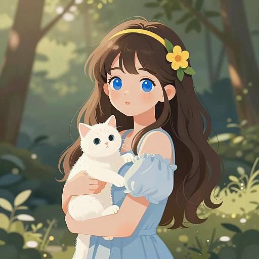 Young Girl Holding White Cat in Forest