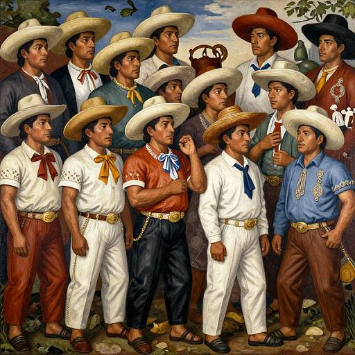 Illustration of eleven Mexican men in traditional attire, white and brown pants, various shirts, wide-brimmed hats, standing in front of a blue