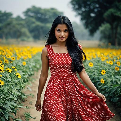Young Woman in Red Polka Dot Dress in Sunflower Field