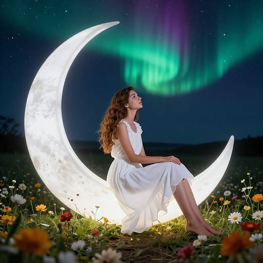 Woman Sitting on Illuminated Crescent Moon with Aurora Borealis