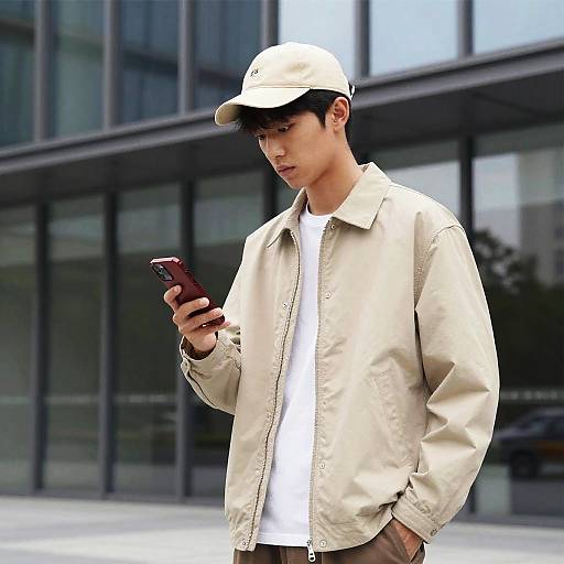 Beige Jacket Man Holding Red Phone