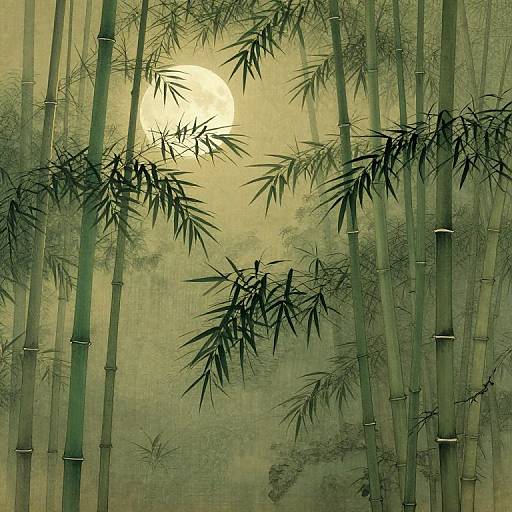 Digital art of a misty bamboo forest at sunset. Tall green bamboo stalks with dark, sharp leaves frame a glowing, yellow sun partially obscured by