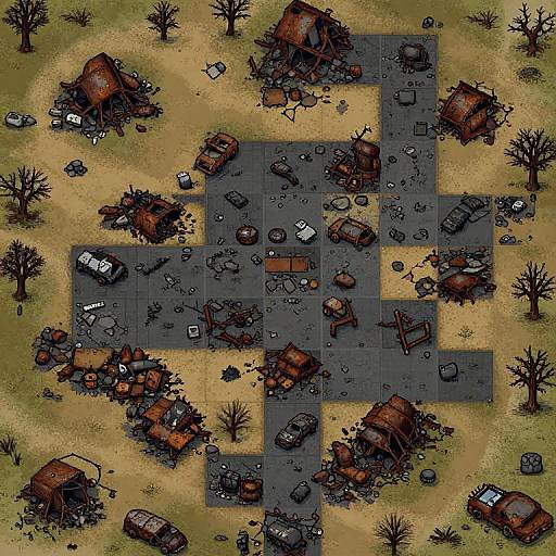 Top-down digital illustration of a war-torn village with destroyed buildings, scattered debris, and abandoned vehicles on a grid-like road network surrounded by barren trees