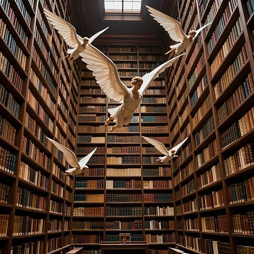 Photograph of a grand library with towering bookshelves, illuminated by sunlight. Four white-winged, angelic figures with human bodies fly gracefully between