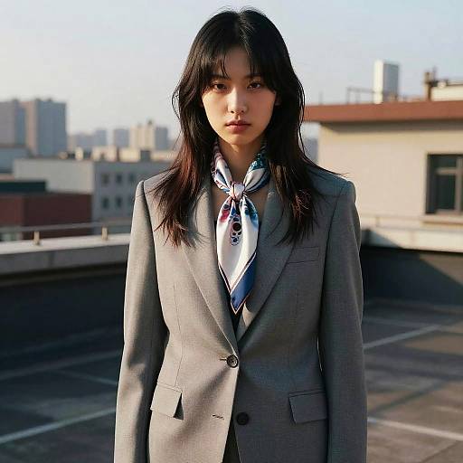 Woman with Heavy Fringe Hairstyle in Androgynous Suit on Rooftop