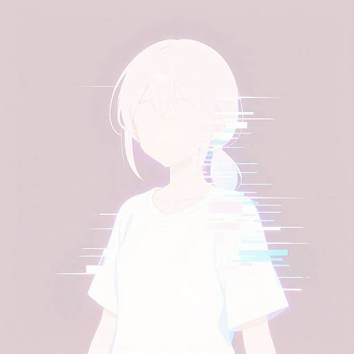 Digital anime-style silhouette of a person with a glowing white outline, slight motion lines, and pastel pink background.