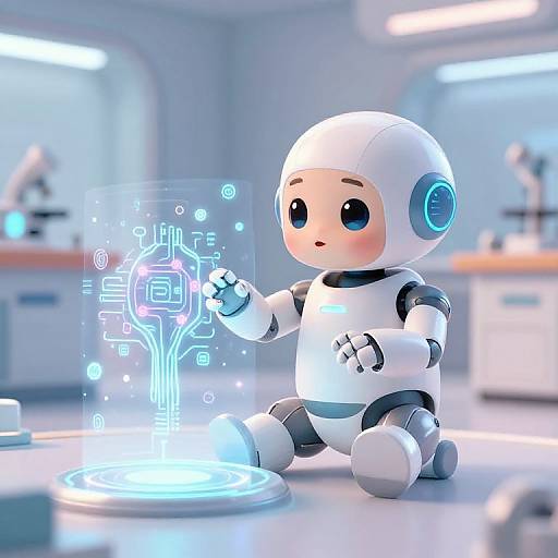 Digital CGI of a cute, white, robotic baby with blue eyes, touching a glowing, futuristic circuit board in a modern, sterile laboratory.