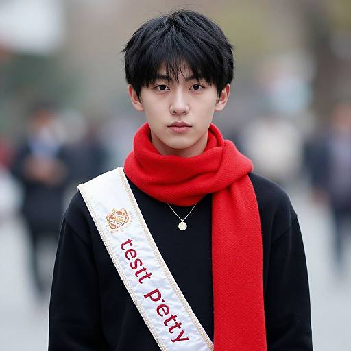 Photograph of an East Asian young man with black hair, wearing a red scarf, black shirt, white sash reading 