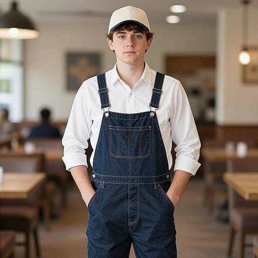 Young man with fair skin, brown hair, white shirt, black denim overalls, and white cap, standing in a softly lit, rustic café.