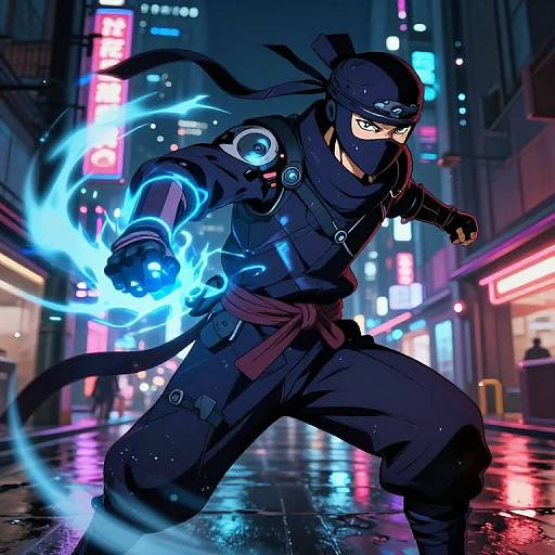 Digital art of a ninja in a neon-lit city street, wielding blue energy in his gloved hand, wearing a black mask and outfit, with