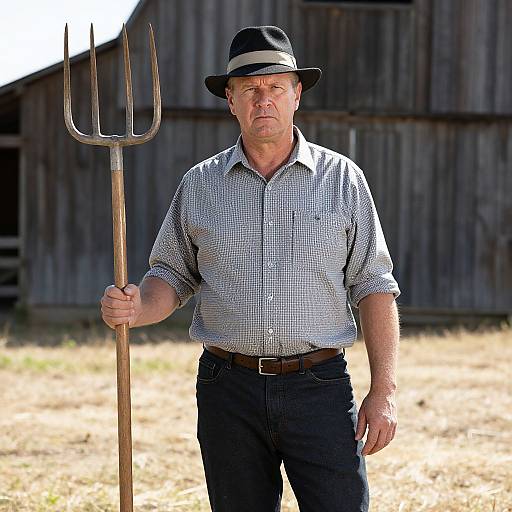Photograph of a middle-aged Caucasian man in a checkered shirt and black hat, holding a pitchfork, standing in front of a rustic wooden barn