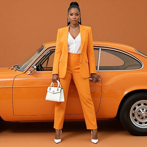 Photograph of a confident Black woman in an orange suit, white blouse, and white heels, holding a white handbag, standing in front of an