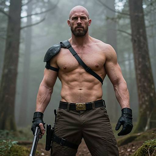 Photograph of a muscular, bald, bearded man with a stern expression, wearing brown pants, black gloves, shoulder armor, and holding a gun