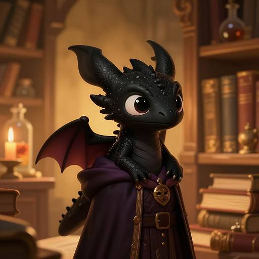 Cute CGI black dragon with large eyes, wearing a dark purple cloak with a gold medallion, stands in a warmly lit, book-filled library