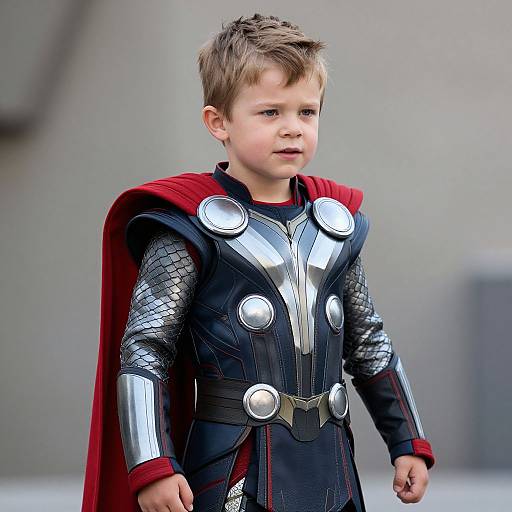 Photograph of a young boy with blonde hair, wearing a silver and black superhero costume with red cape, standing outdoors.