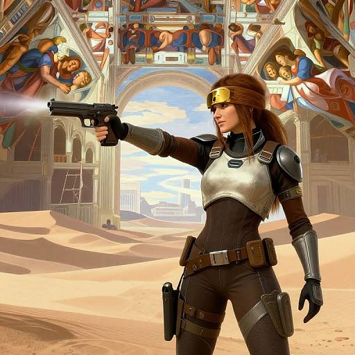 Digital artwork of a muscular woman in futuristic armor and headband, aiming a handgun in a desert temple with colorful, painted ceiling murals and a bright