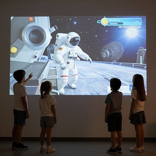 Photograph of four children standing in front of a projector screen displaying a spacewalk scene in a museum or classroom.