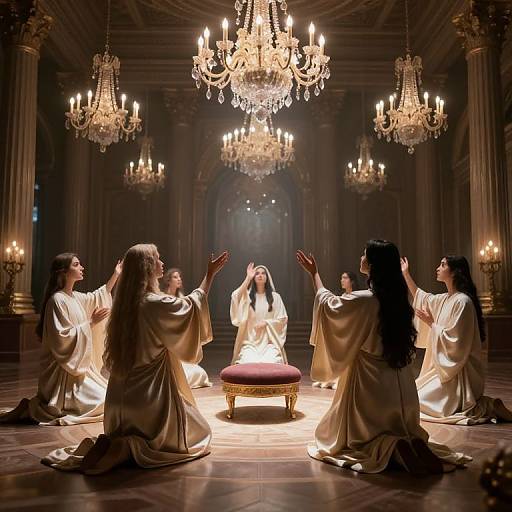 Photograph of seven women in white robes, kneeling, hands raised, around a central figure in white, illuminated by grand chandeliers in an op