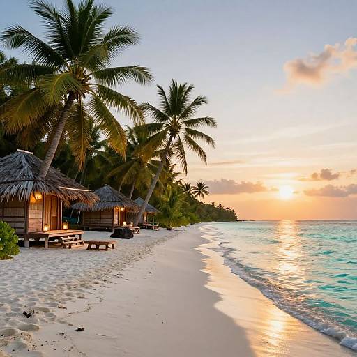 Photograph of a tropical beach at sunset with palm trees, thatched huts, wooden benches, white sand, and calm turquoise water.