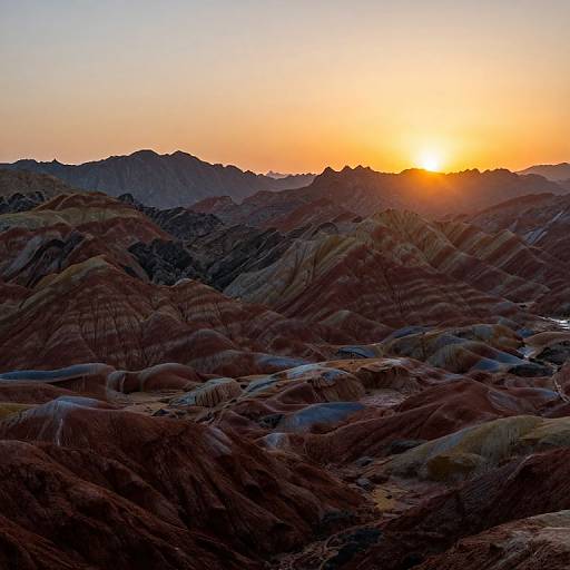 Photograph of a desert landscape at sunset, featuring rugged, striped hills in red, brown, and orange tones with the sun glowing orange against a gradient