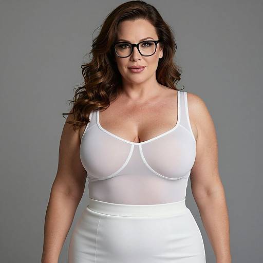 Photograph of a curvy woman with long brown hair, wearing black-rimmed glasses, a white sheer tank top, and white skirt, standing