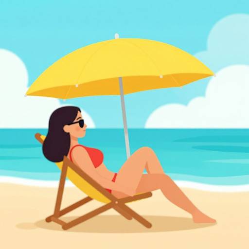 Digital illustration of a woman with black hair, wearing sunglasses and a red bikini, relaxing on a beach chair under a yellow umbrella, with a clear blue
