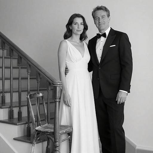 Elegant Couple in Formal Attire on Staircase
