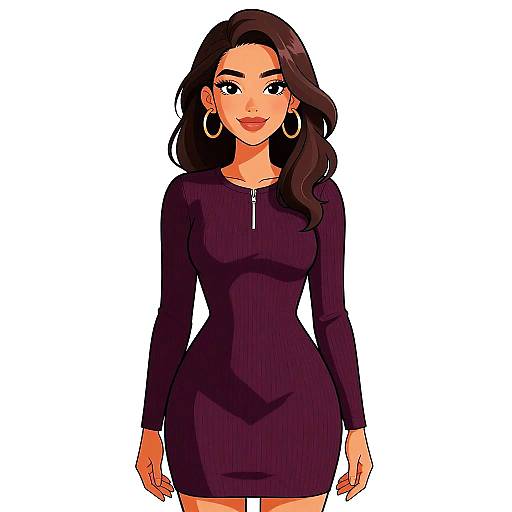 Digital anime-style illustration of a smiling woman with long black hair, wearing a tight, long-sleeve, black dress with a zipper, and large