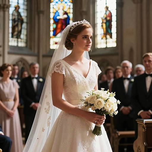 Photograph of a bride in a white lace wedding dress with veil, holding a bouquet, standing in a sunlit church with stained glass windows and guests