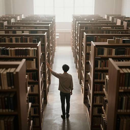 Photograph of a lone person with short curly hair, wearing a gray shirt and black pants, standing in a vast, sunlit library aisle, reaching