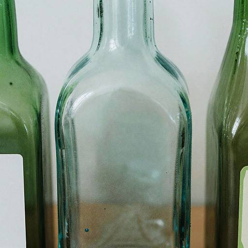 Photograph of three glass bottles; central clear bottle flanked by two green bottles, with a blurred white background and wooden surface.