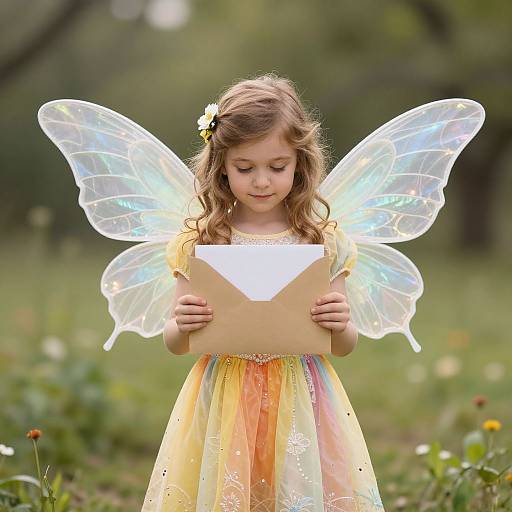 Photograph of a young girl with translucent fairy wings, brown hair, wearing a colorful, floral-patterned dress, holding a white envelope in a green