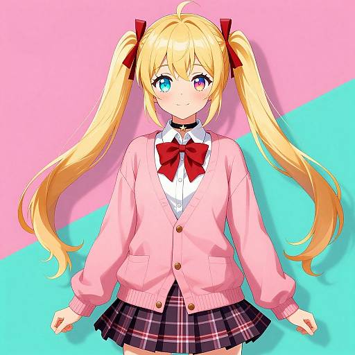 Anime-style digital drawing of a blonde girl with twin pigtails, blue and pink eyes, wearing a pink cardigan, red bow, and pl