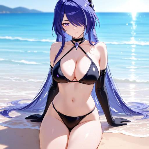 Confident Beach Vibes with Long Blue Hair