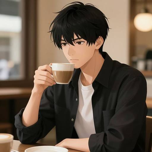 Anime-style digital drawing of a young man with black hair, brown eyes, wearing a black shirt over a white tee, sipping a latte in