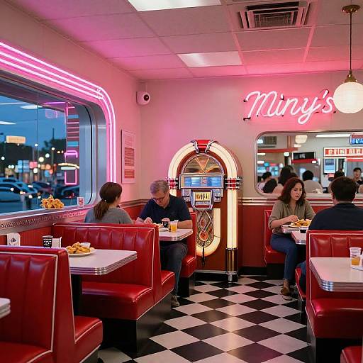 Photograph of a retro diner with neon 