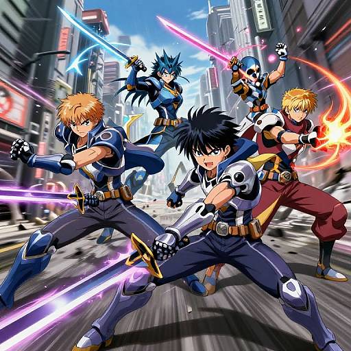 Digital anime artwork of five male warriors with colorful glowing swords in a dynamic urban battle scene, featuring vibrant colors and motion blur.